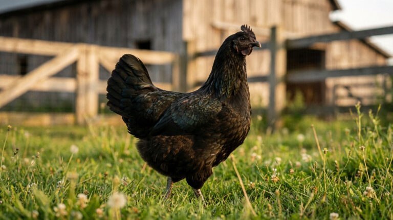 A majestic black pullet with glossy ebony feathers stands centered in soft green grass, backlit by warm golden hour light, with a blurred rustic fence and barn in the background.