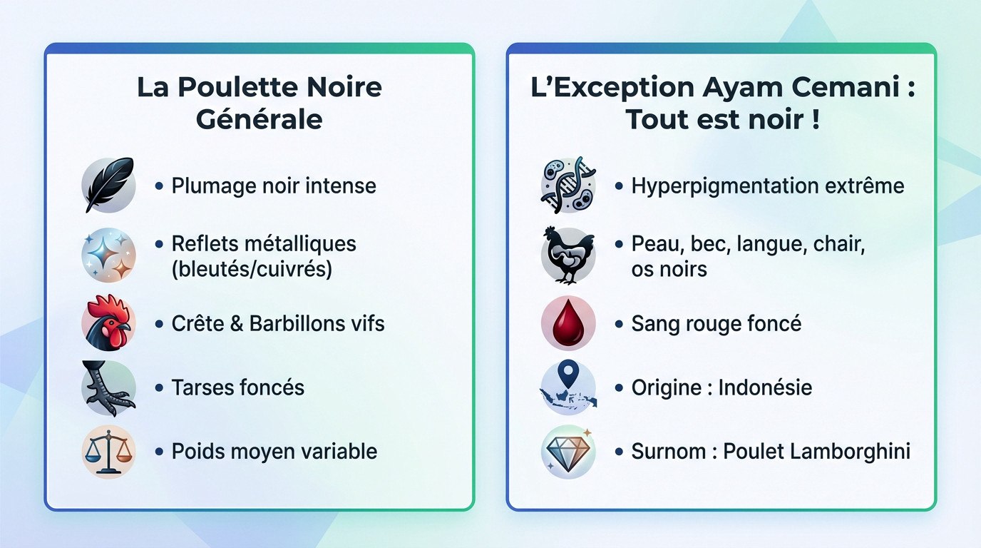 Comparaison visuelle entre une poulette noire classique et l'Ayam Cemani aux pigments intenses