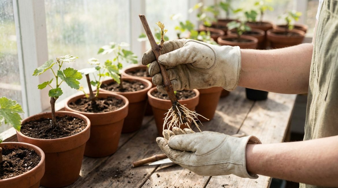 Bouturage de la vigne : les secrets pour réussir vos plants Des mains gantées tiennent une bouture de vigne avec des racines, entourée de jeunes plants en pots sur une table en bois.