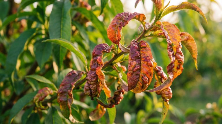 Gros plan sur des feuilles de pêcher boursouflées et rouges, typiques de la cloque du pêcher. Feuilles saines en arrière-plan.