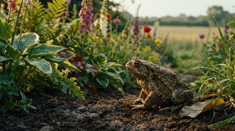 Gros crapaud commun sur la terre humide d'un jardin, entouré de plantes vertes et de fleurs colorées sous un soleil doux.