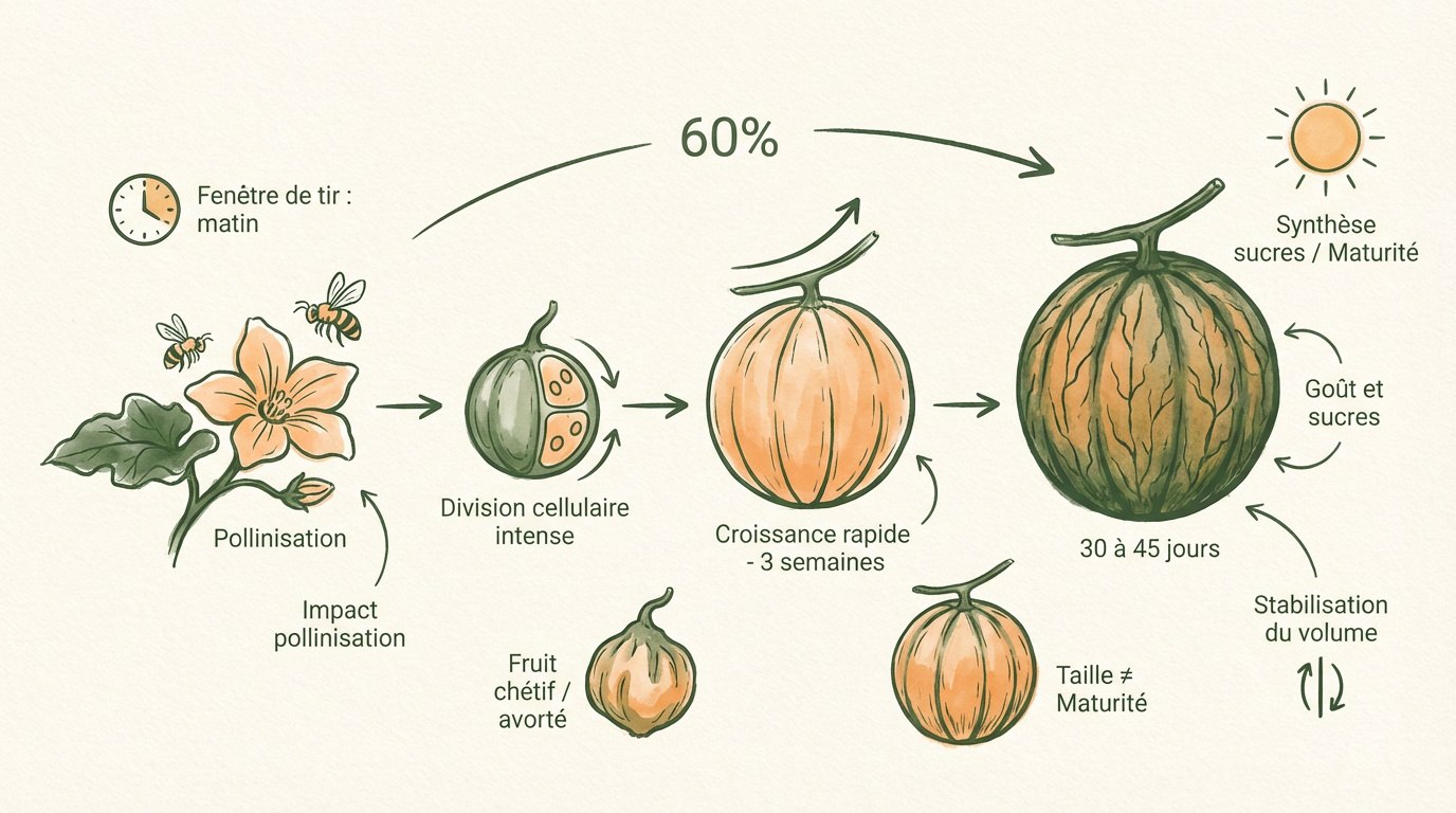 cycle de croissance du melon montrant l'évolution de la fleur au fruit mûr