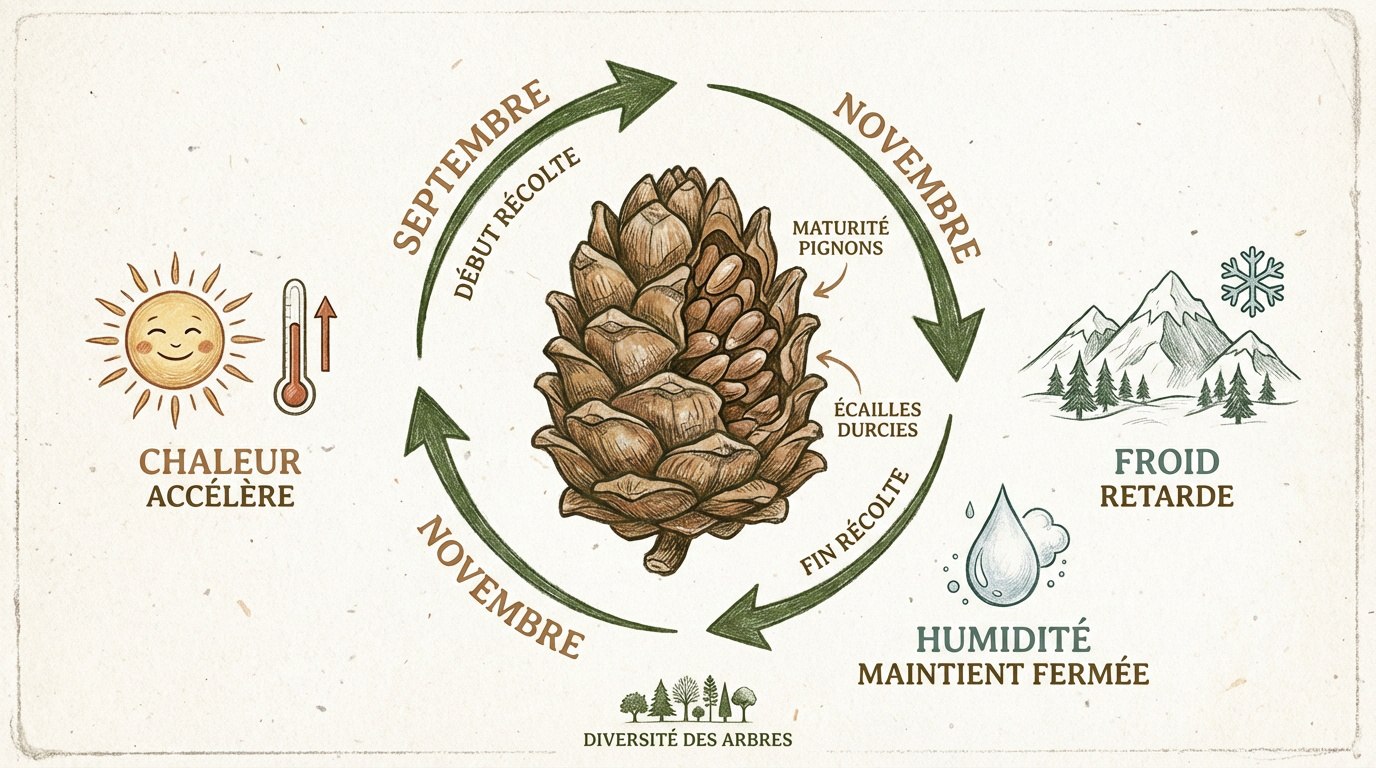 Cycle de vie et maturation d'une pomme de pin de l'été à l'automne