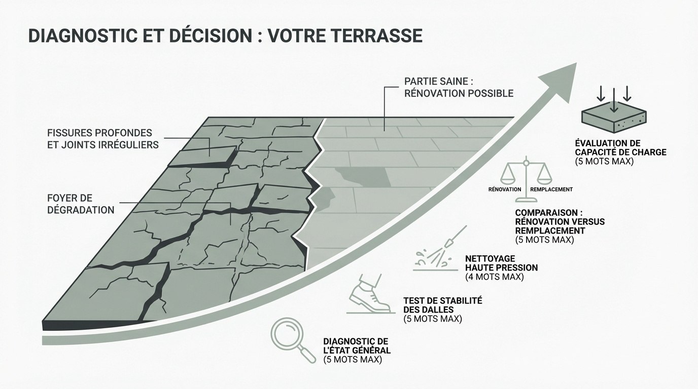 Diagnostic de l'état d'une terrasse en béton avec fissures pour rénovation