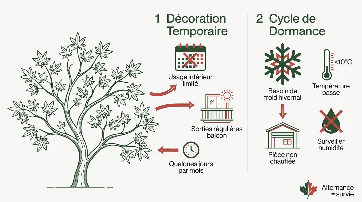 Érable du Japon en pot nécessitant une période de dormance hivernale pour sa survie
