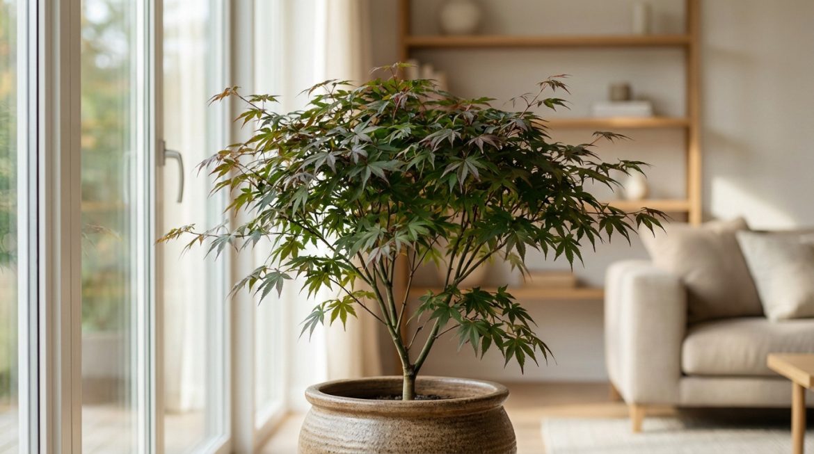 Érable du Japon aux feuilles vertes et rouges en pot texturé, placé devant une grande fenêtre lumineuse d'un intérieur moderne.