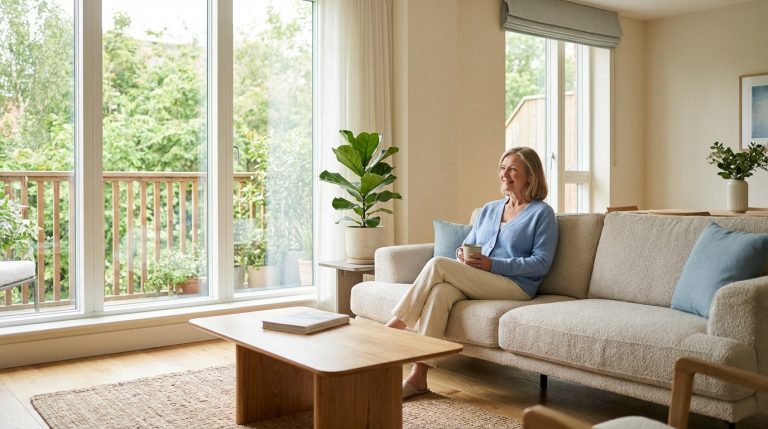 Femme senior blonde souriante assise sur un canapé, tenant une tasse, dans un salon lumineux avec un balcon verdoyant.