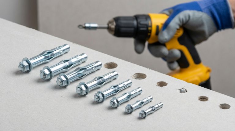 Diverses chevilles Molly alignées sur une plaque de plâtre (BA13) percée de plusieurs trous. Une perceuse est tenue par une main gantée.