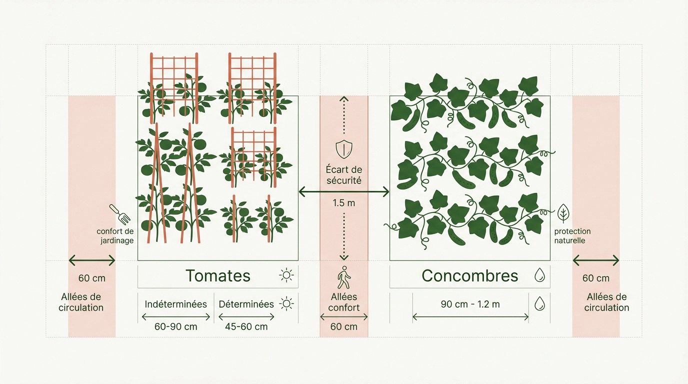 Schéma d'espacement optimal pour plants de tomates et concombres au potager
