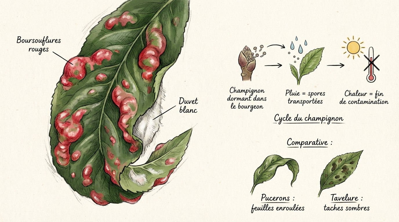 Feuilles de pêcher déformées et rouges par la cloque du pêcher