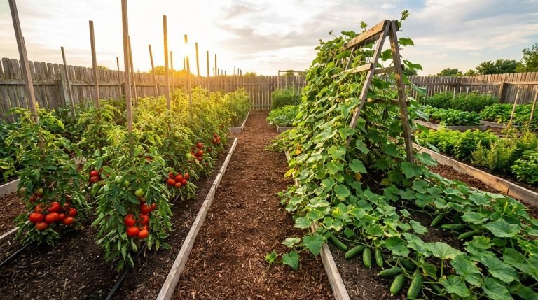Un potager luxuriant au coucher du soleil, avec des rangées de tomates rouges à gauche et des concombres sur treillis à droite.
