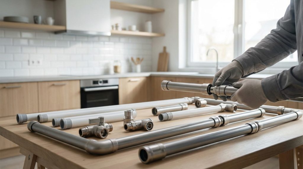 Vue rapprochée d'une personne en gants assemblant des tuyaux et raccords de plomberie sur une table de cuisine lumineuse.