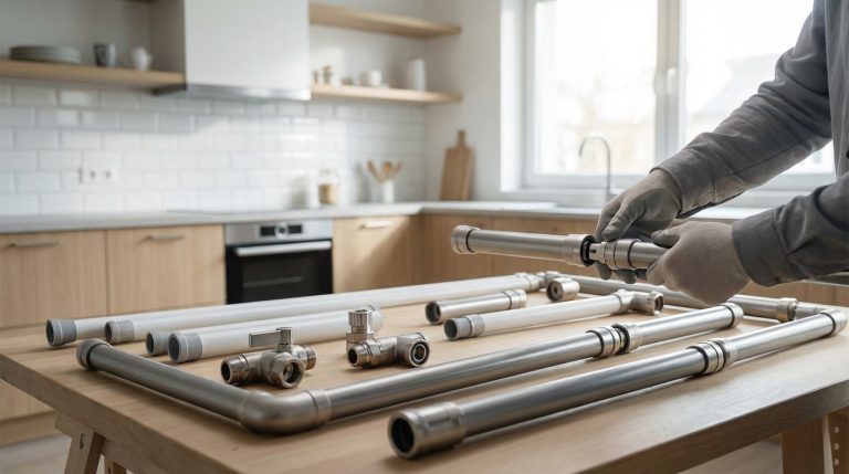 Vue rapprochée d'une personne en gants assemblant des tuyaux et raccords de plomberie sur une table de cuisine lumineuse.