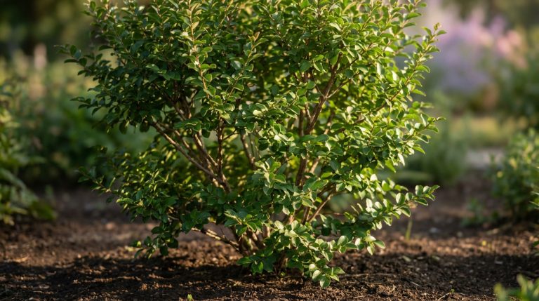 Gros plan sur un jeune Lilas des Indes (Lagerstroemia) vert et dense, sans fleurs, planté dans un sol sombre.