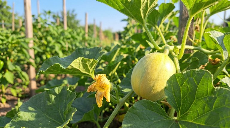 Gros plan sur un jeune melon sphérique et poilu, à côté d'une fleur jaune fanée, au milieu de feuilles vertes dans un jardin.