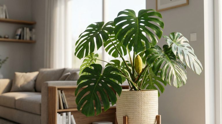 Plante Ceriman (Monstera deliciosa) luxuriante avec ses grandes feuilles vertes perforées dans un pot beige, dans un salon lumineux.