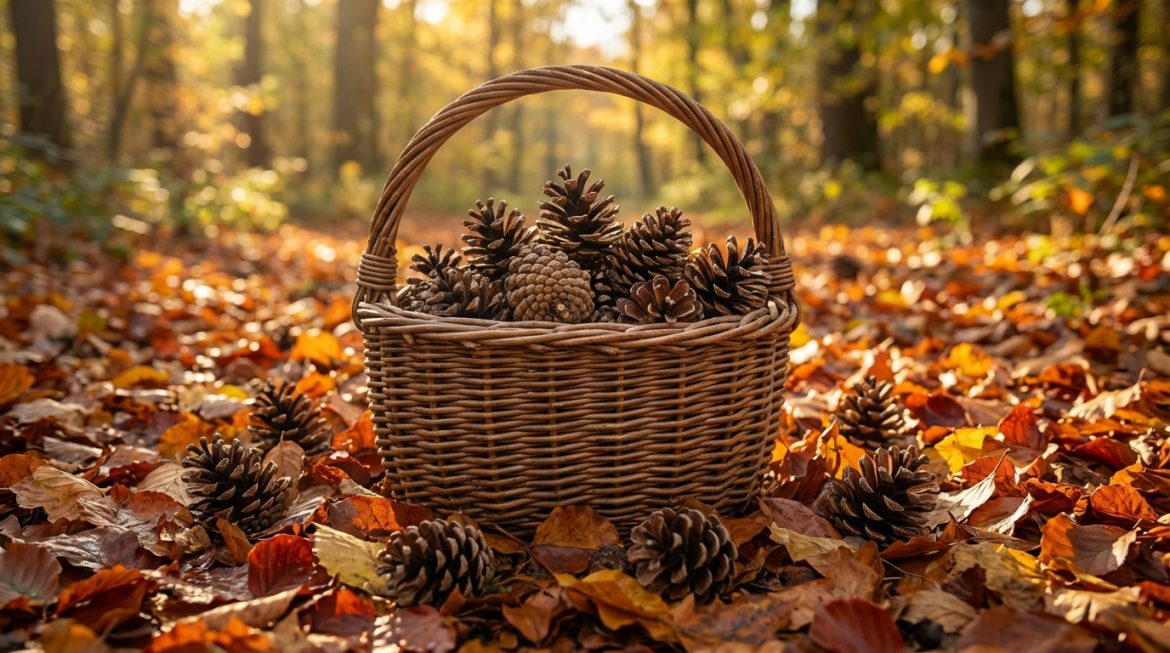 Panier en osier rempli de pommes de pin, posé sur un tapis de feuilles mortes automnales, dans une forêt ensoleillée.