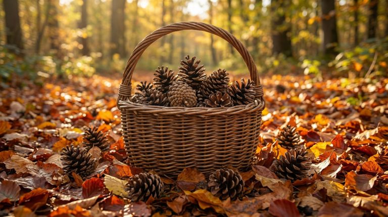 Panier en osier rempli de pommes de pin, posé sur un tapis de feuilles mortes automnales, dans une forêt ensoleillée.