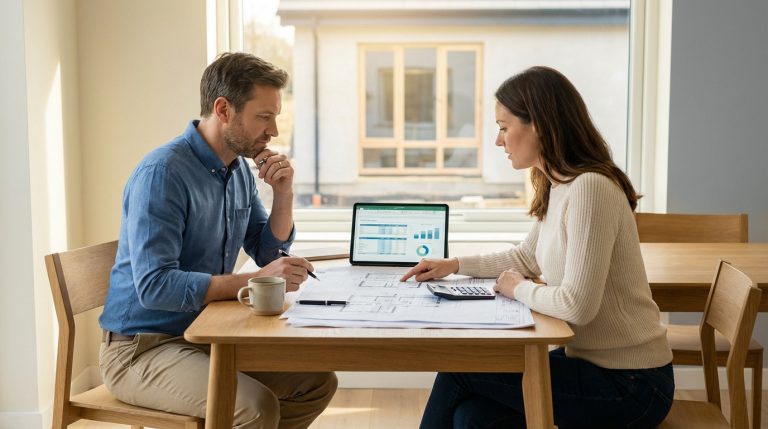 Couple planifiant une rénovation, examinant des plans et un budget sur tablette devant une maison en travaux.