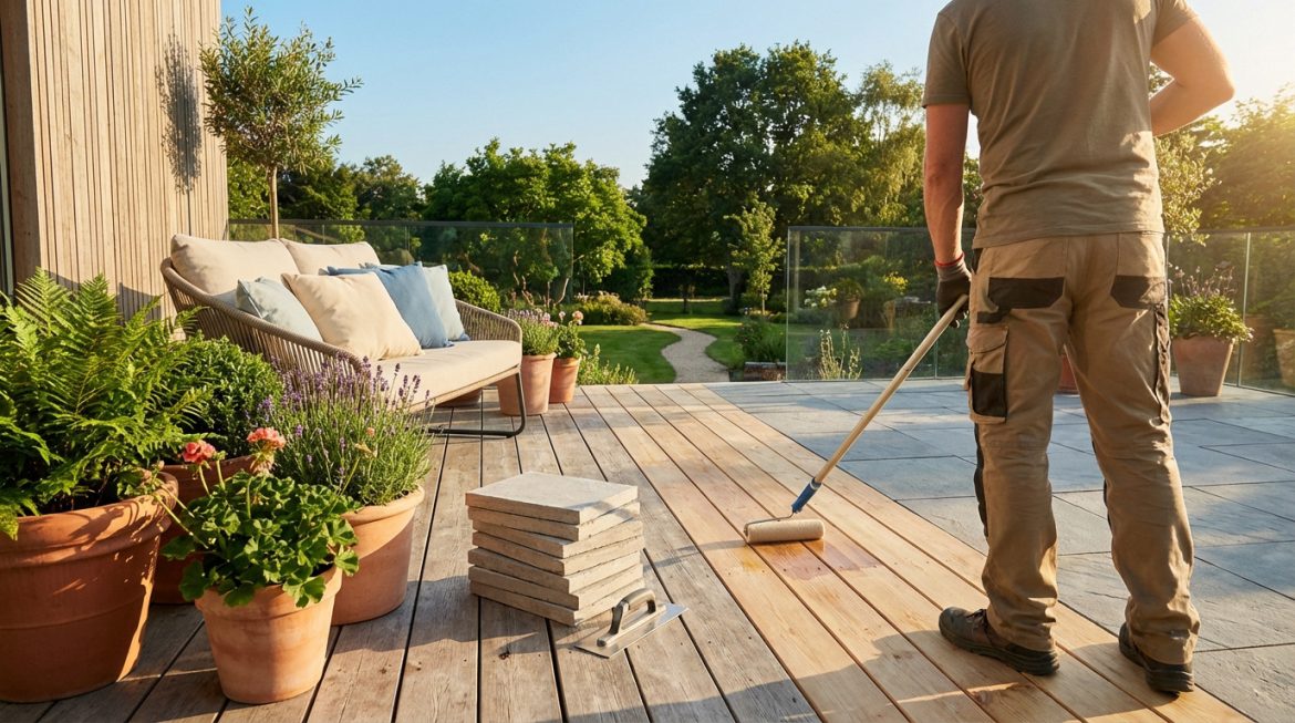 Un homme entretient une terrasse en bois avec un rouleau, près de pots de fleurs et d'un canapé d'extérieur, avec un jardin ensoleillé.