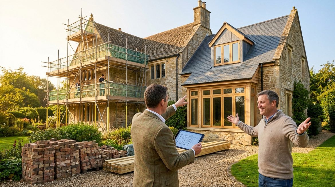 Un professionnel et un propriétaire discutent d'un projet de rénovation devant une vieille maison en travaux. Échafaudages, briques, plans.