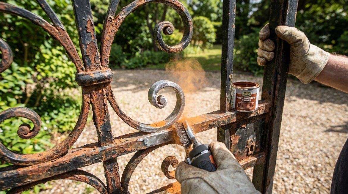 Main gantée décapant la rouille d'un portail en fer forgé avec une brosse métallique. Des particules volent, révélant le métal nettoyé. Un pot d'apprêt antirouille est posé.