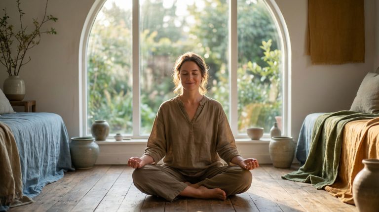 Femme sereine méditant en position du lotus sur un plancher en bois, baignée de lumière naturelle devant une fenêtre.