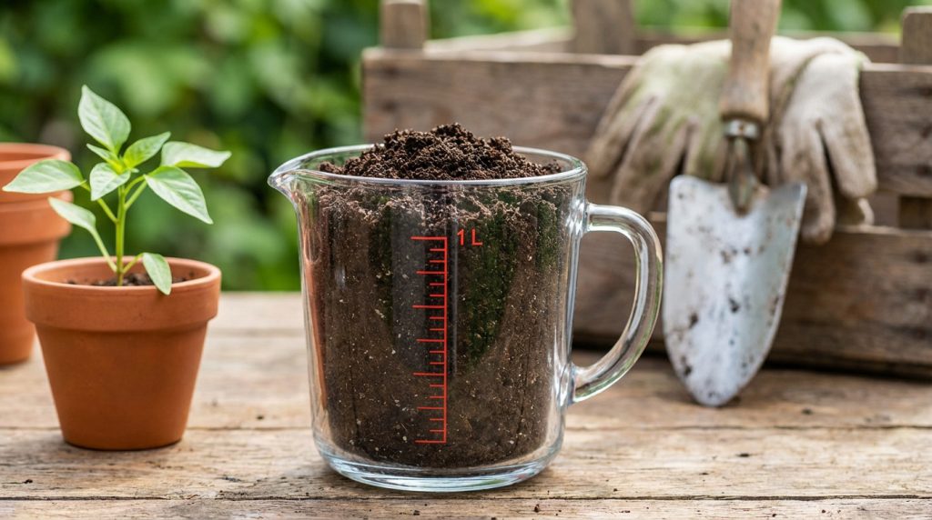 Un verre doseur transparent rempli d'environ 1 litre de terreau, à côté d'une jeune pousse en pot et d'outils de jardinage.