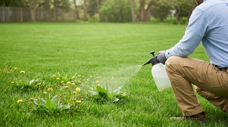 Homme appliquant un désherbant sélectif avec un pulvérisateur sur des mauvaises herbes (pissenlits, plantain) dans un gazon.