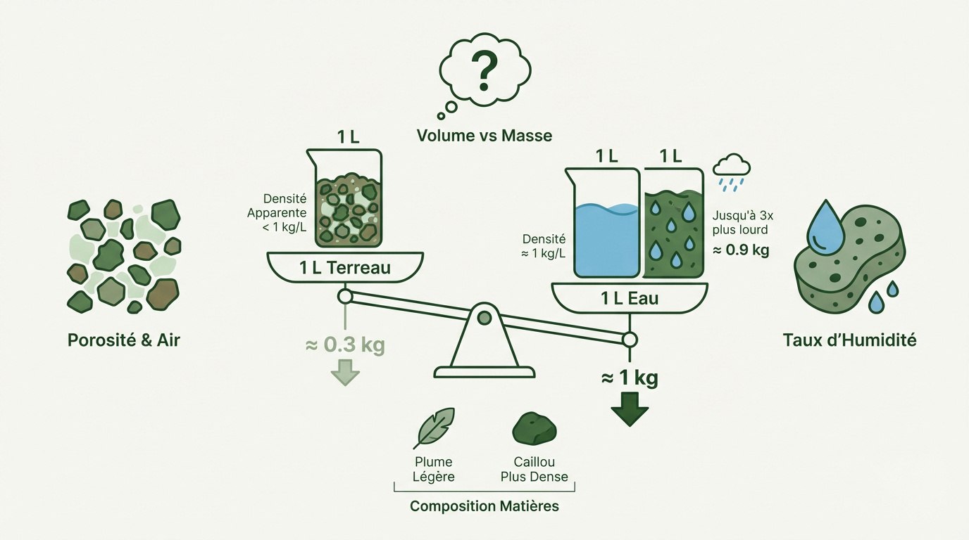 Comparaison entre volume et masse du terreau