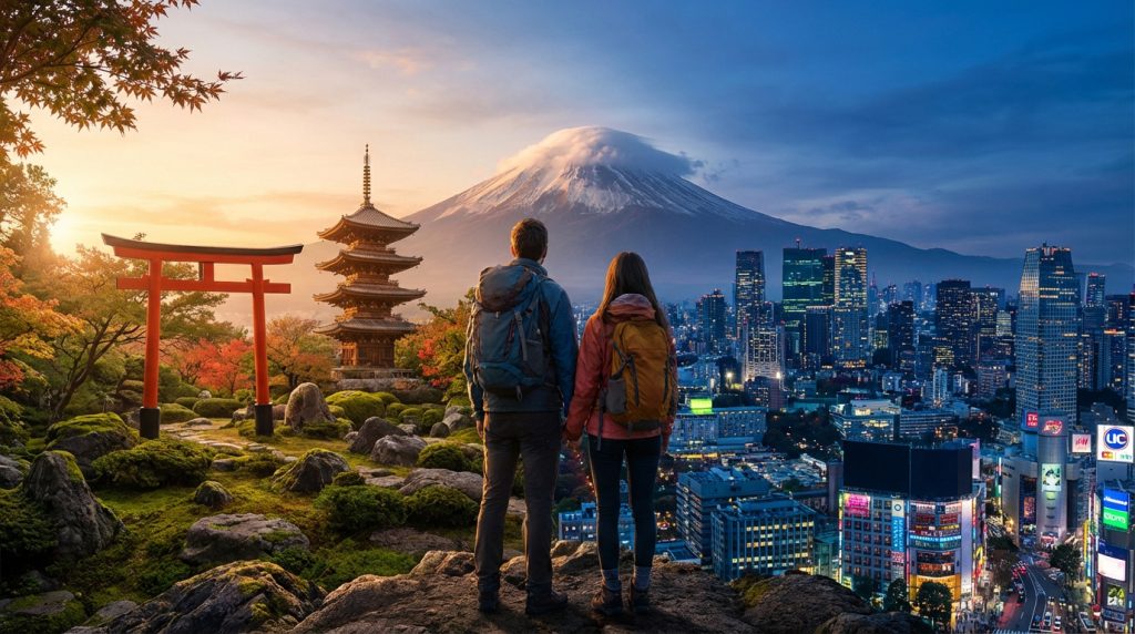 Couple de randonneurs admirant un panorama japonais combinant torii, pagode, Mont Fuji et skyline de Tokyo au coucher du soleil.