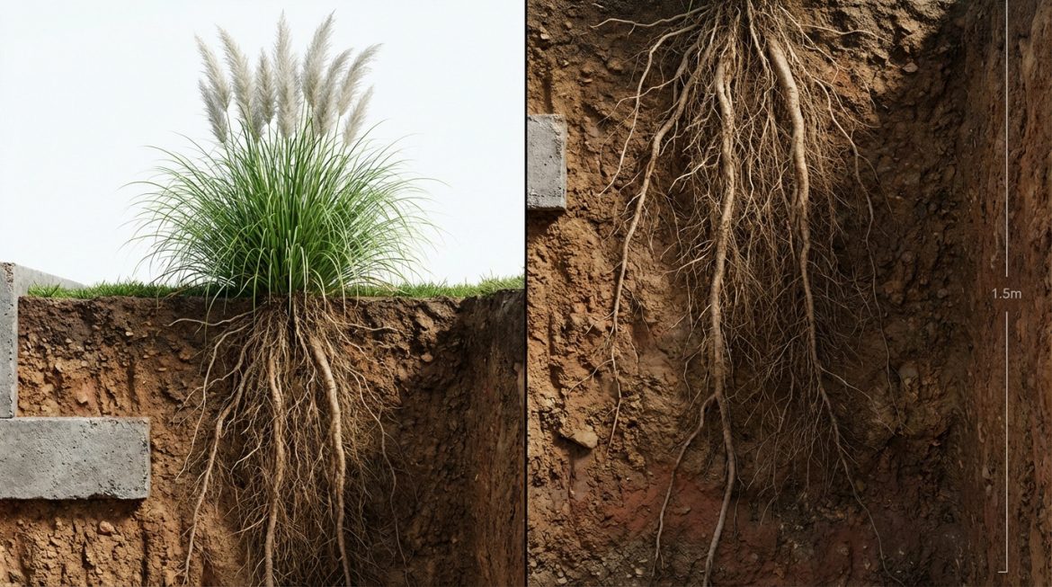 Vue latérale des racines de l'herbe de la pampa montrant une plante aérienne et un système racinaire dense s'étendant jusqu'à 1,5 mètre de profondeur dans le sol.