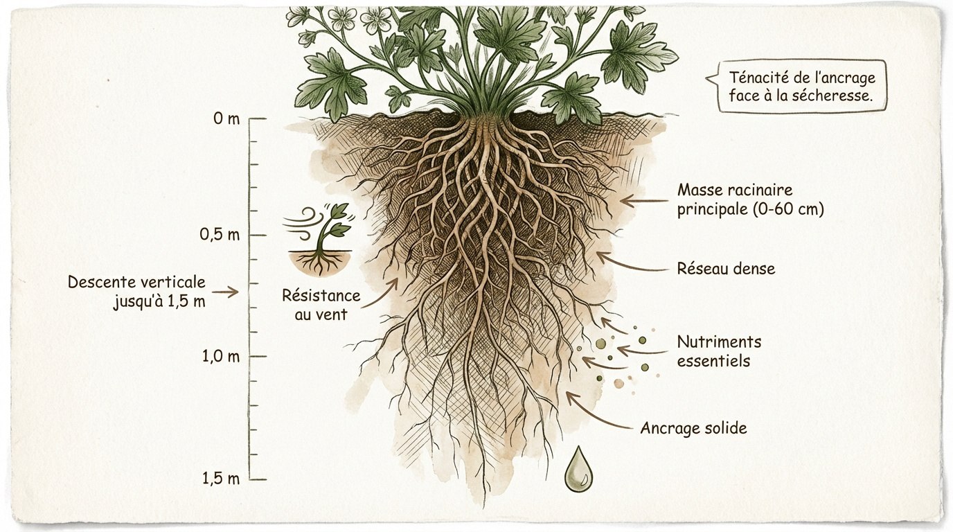 Schéma de l'anatomie racinaire profonde de l'herbe de la pampa montrant la résistance au sol