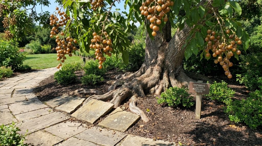Un arbre savonnier (Sapindus) aux racines agressives soulevant un chemin pavé, avec un panneau d'avertissement visible.