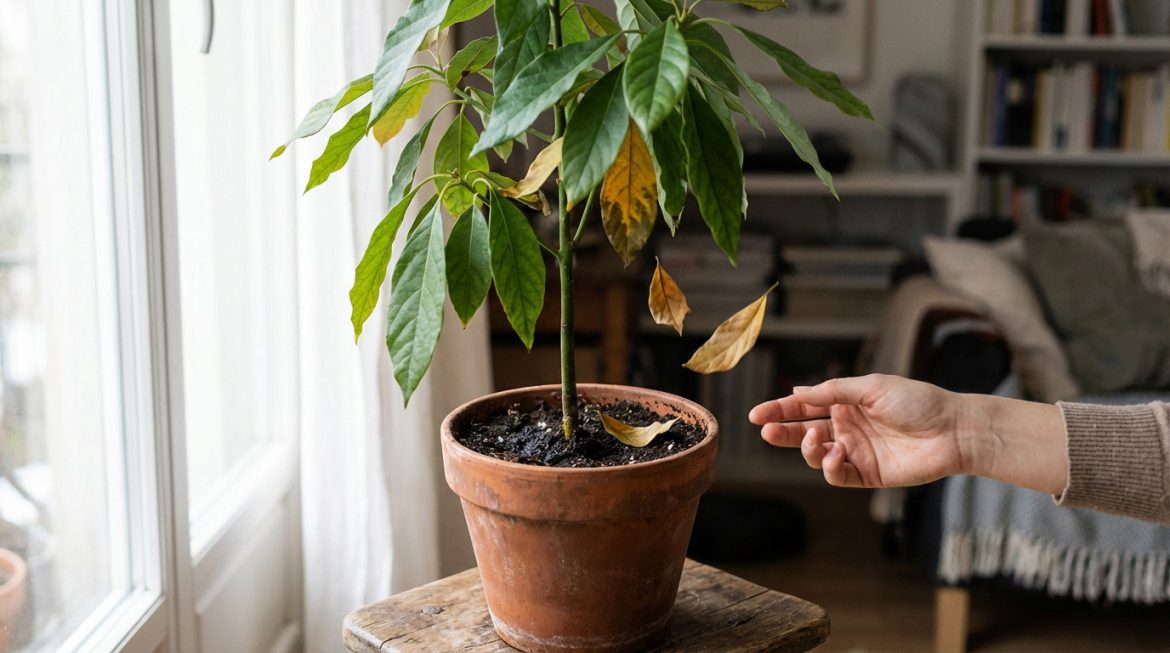 Jeune avocatier en pot terre cuite avec feuilles vertes et plusieurs jaunes qui tombent. Une main tendue près d'une feuille.