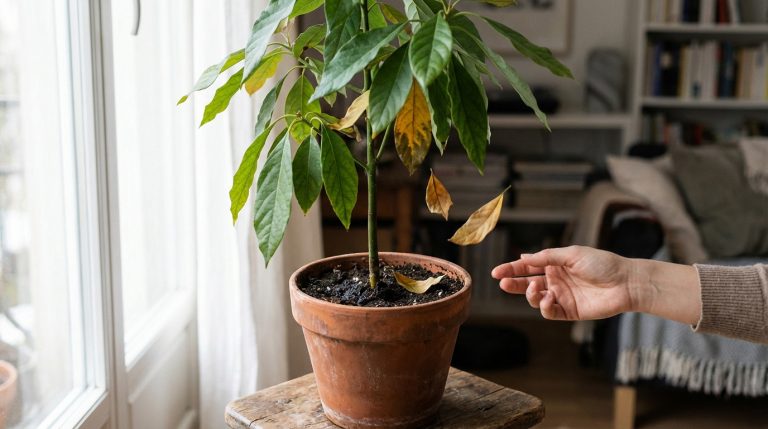 Jeune avocatier en pot terre cuite avec feuilles vertes et plusieurs jaunes qui tombent. Une main tendue près d'une feuille.