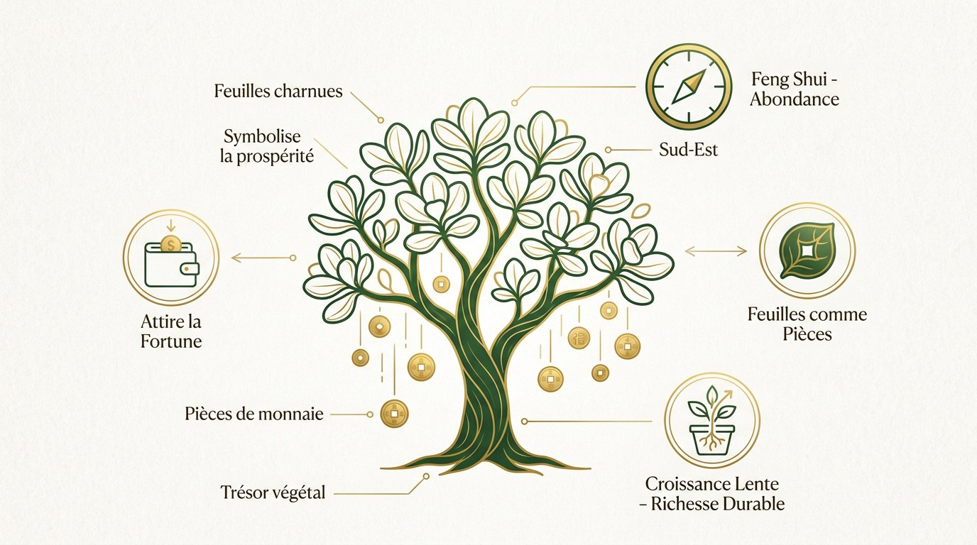 Arbre de jade aux feuilles charnues symbolisant la fortune
