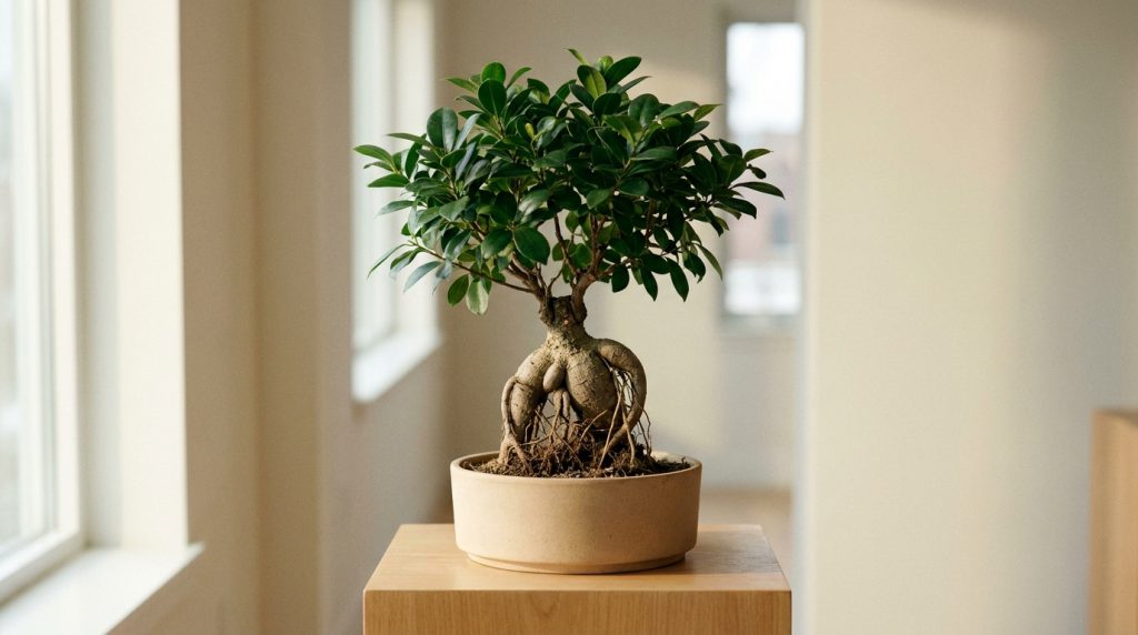 Gros plan d'un Ficus ginseng bonsaï avec un tronc épais et des feuilles vertes vives dans un pot clair sur un meuble en bois.