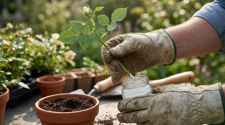 Des mains gantées préparent une bouture de rosier, l'enduisant d'hormone d'enracinement avant de la planter.