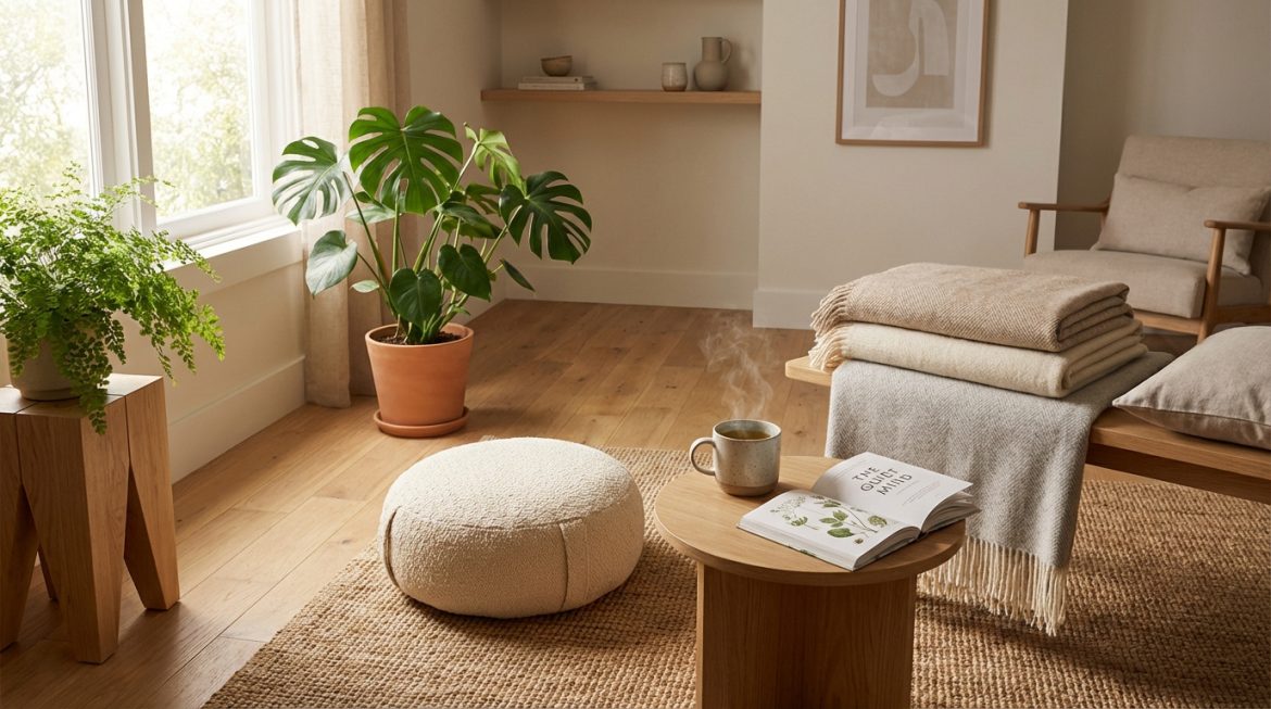 Coin bien-être lumineux avec plantes vertes, coussin de méditation, tasse de thé fumante, livre et plaids doux sur un tapis.
