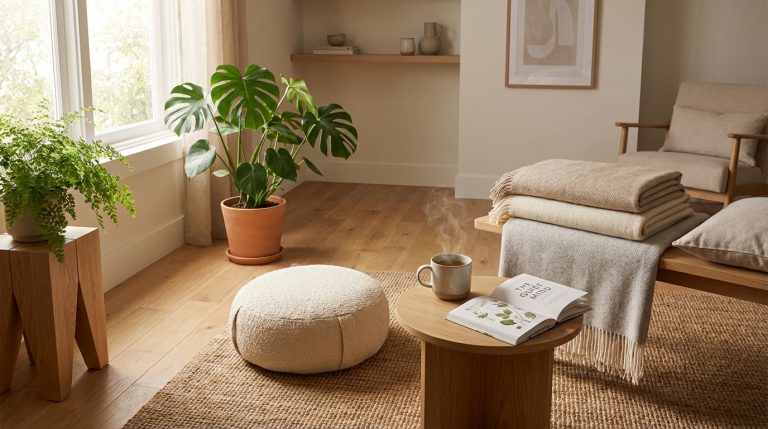 Coin bien-être lumineux avec plantes vertes, coussin de méditation, tasse de thé fumante, livre et plaids doux sur un tapis.