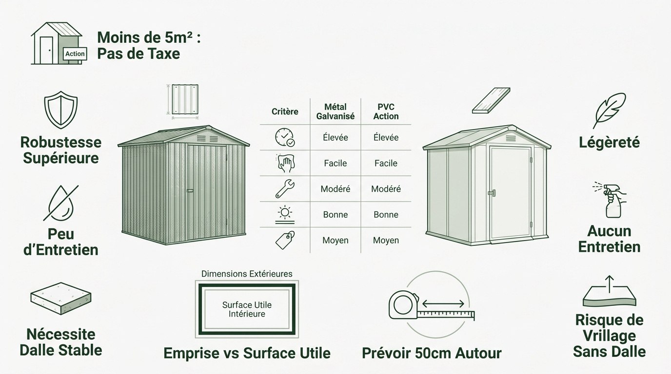 Comparatif technique entre un cabanon de jardin en métal galvanisé et un modèle en PVC
