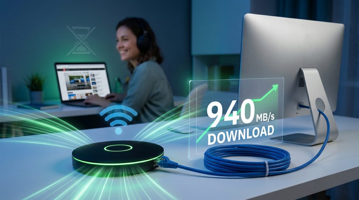 Une femme souriante navigue sur son laptop avec un routeur fibre affichant 940 Mb/s de débit, symbolisant une connexion rapide.