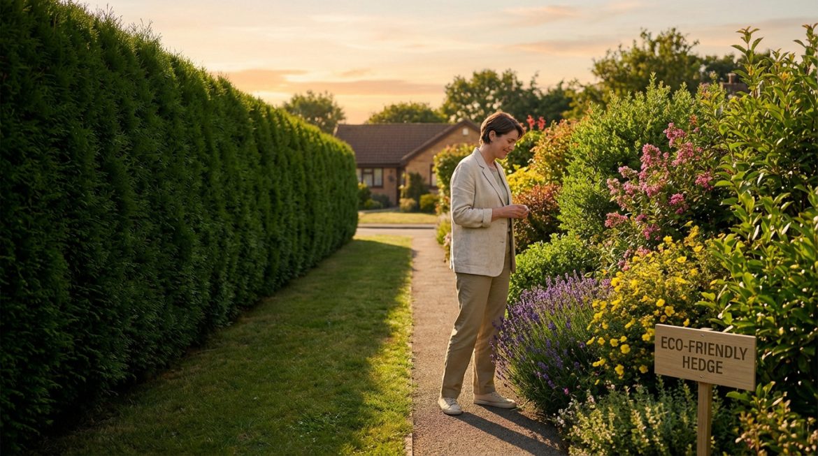 Une femme regarde une haie fleurie et diversifiée, étiquetée 