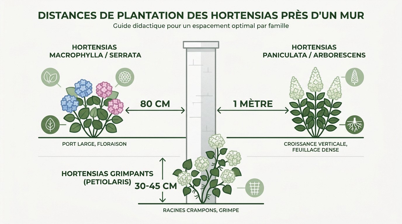 Schéma des distances de plantation recommandées pour les hortensias selon leur variété près d'un mur