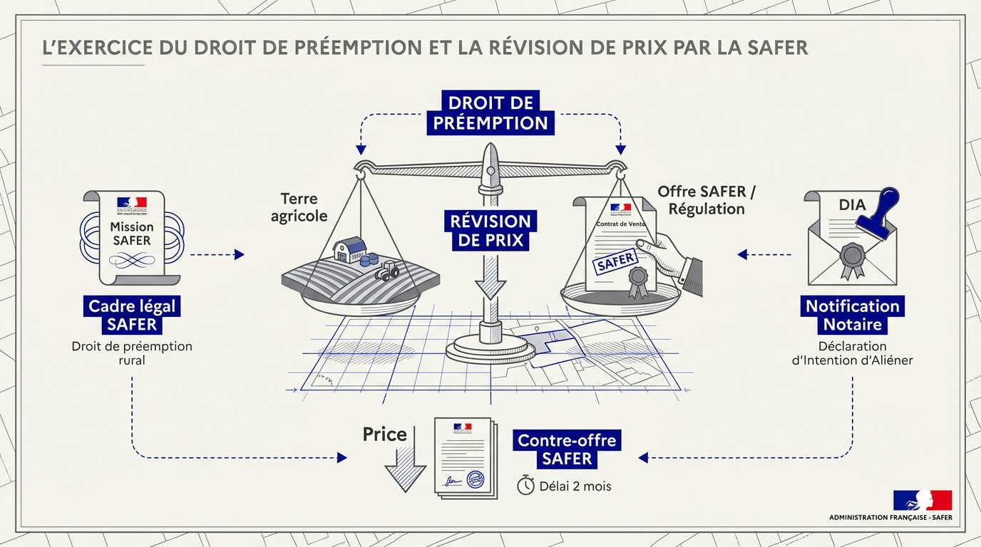 Terrain agricole avec panneau de vente et logo SAFER illustrant la révision de prix