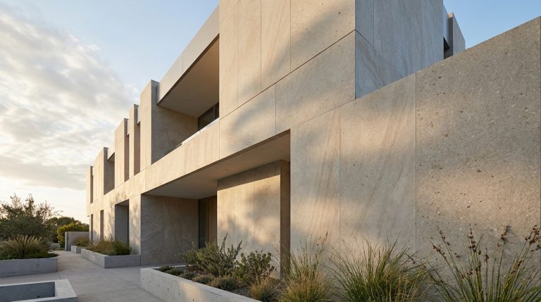 Façade moderne en Terrasto avec grands panneaux clairs, lignes épurées et jardinières végétalisées sous un ciel nuageux.