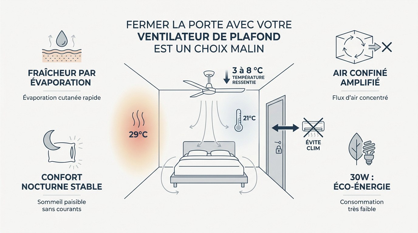 Ventilateur de plafond moderne en bois fonctionnant dans une chambre avec porte fermée