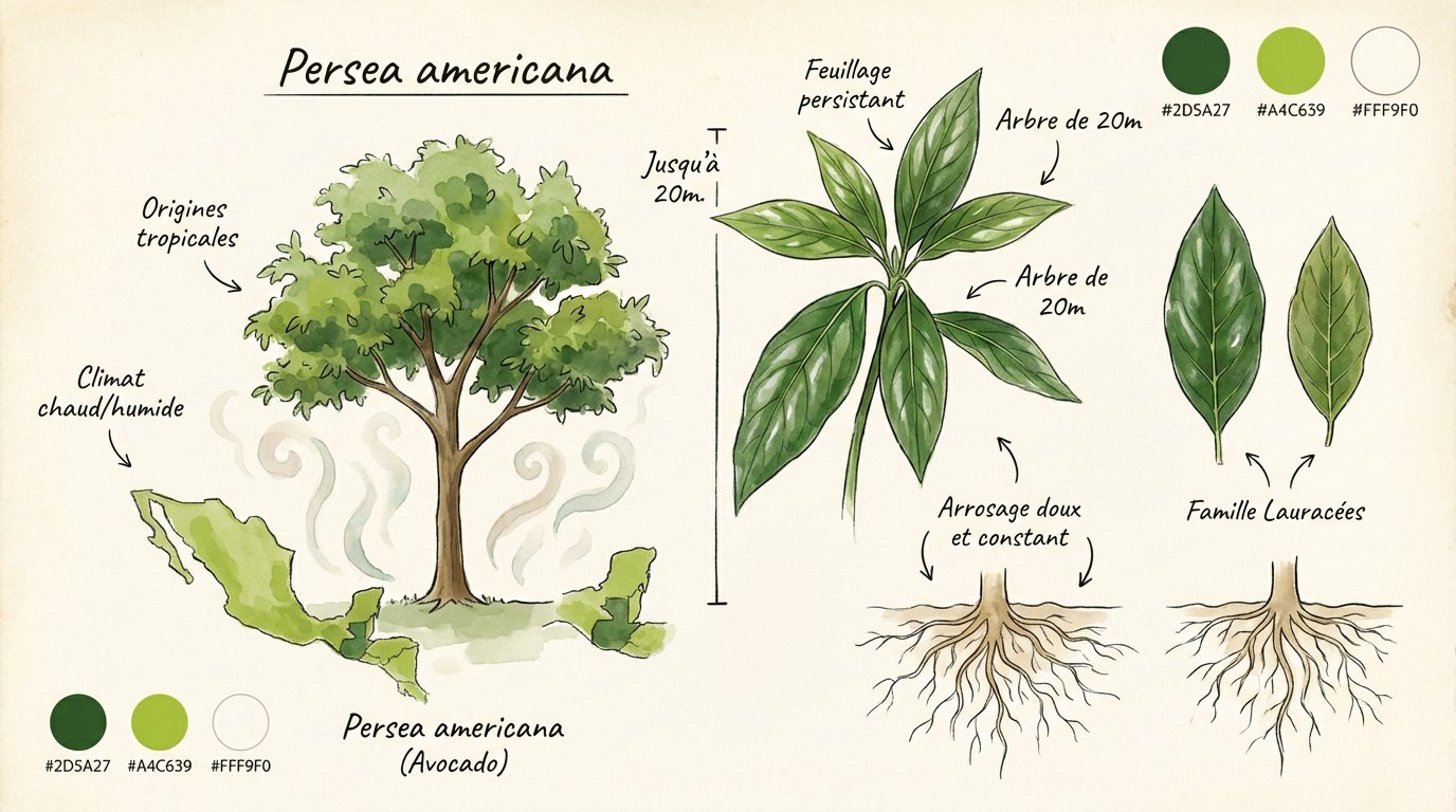 Illustration botanique des feuilles et caractéristiques de l'avocatier Persea americana