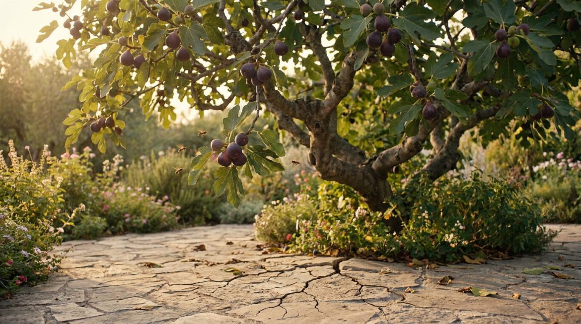 Un figuier débordant de figues mûres sous un soleil chaud, avec des guêpes et un chemin de pierres craquelées.